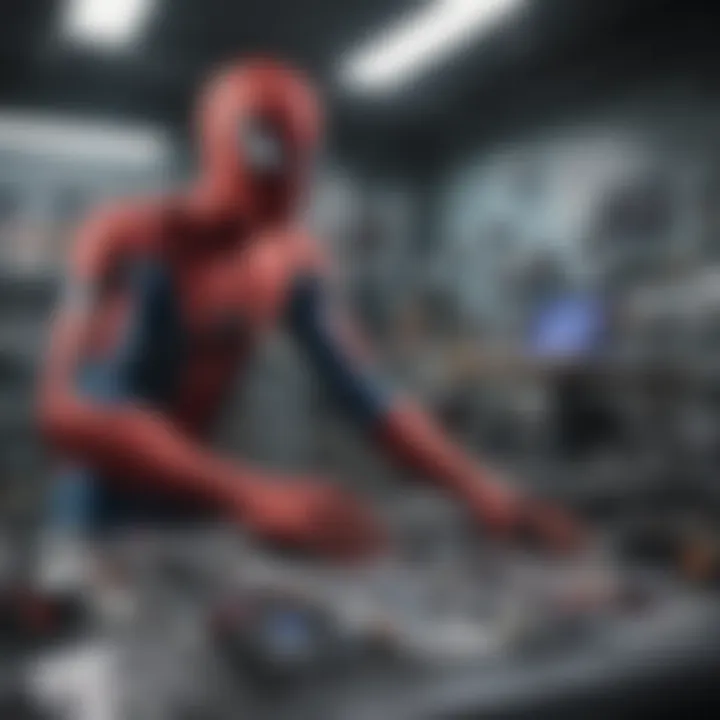 Spider-Man in a high-tech laboratory creating gadgets