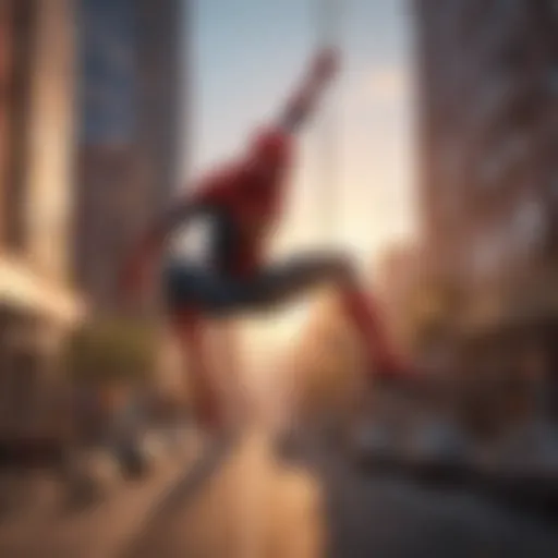 Spider-Man swinging through the city at sunset