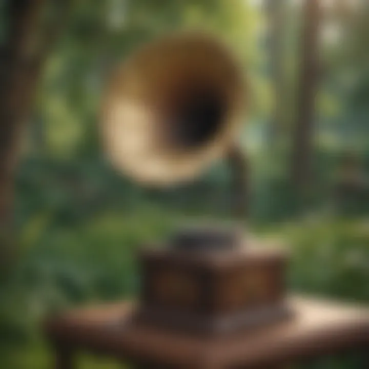 Close-up of a vintage gramophone with a background of lush landscapes