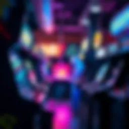 A vibrant arcade showcasing various game consoles side by side