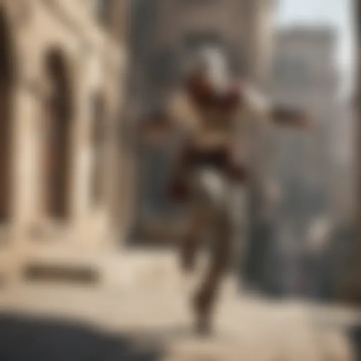 A dynamic scene capturing the agile movements of the protagonist, showcasing parkour and stealth mechanics.
