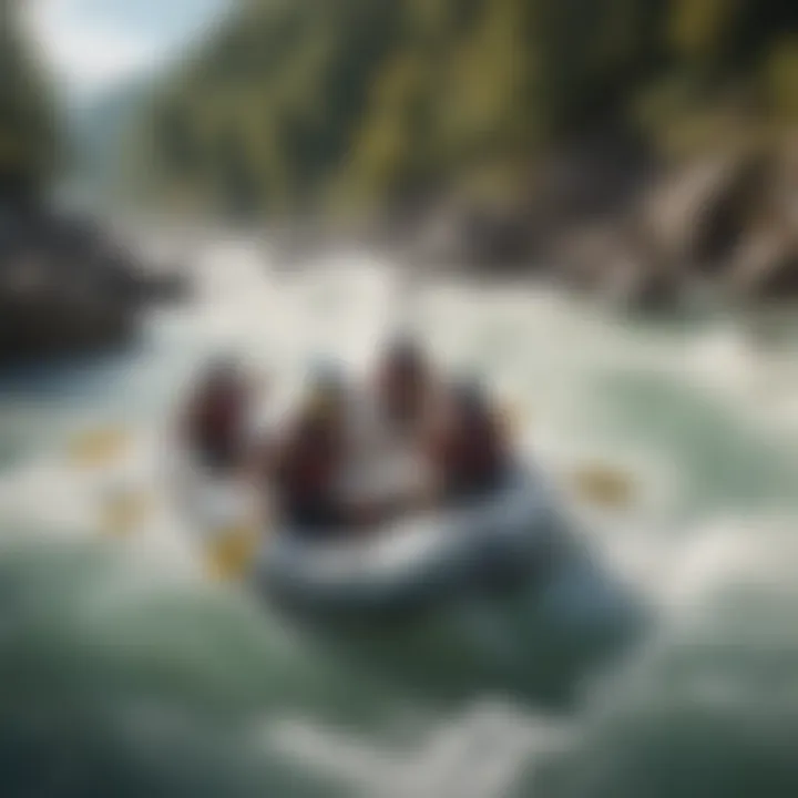 Illustration of a scenic water rafting adventure with turbulent rapids