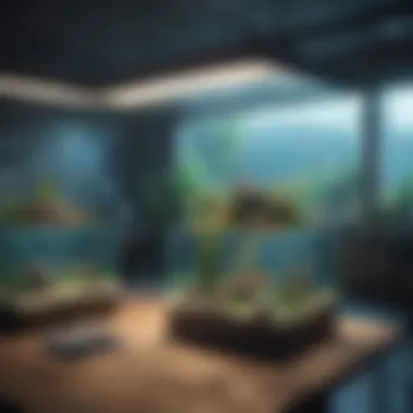 Aquatic Educational Tools Illustration of a virtual classroom environment with fish tanks and educational elements