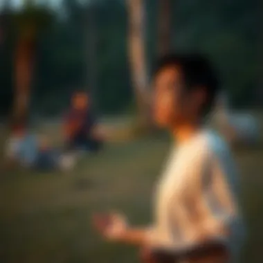 A serene environment with an individual engaged in mindfulness and cognitive exercises