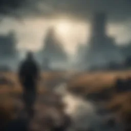 Ethereal post-apocalyptic landscape with eerie silhouettes