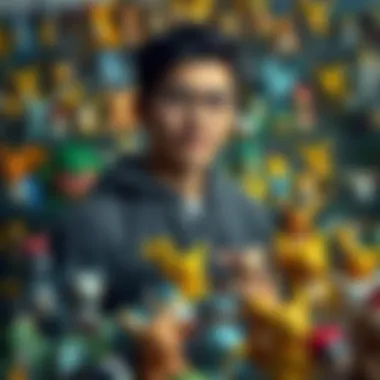 Collector Displaying Pokémon Figures Collector displaying an extensive collection of Pokémon figures in an organized display