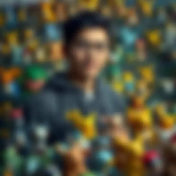 Collector Displaying Pokémon Figures Collector displaying an extensive collection of Pokémon figures in an organized display