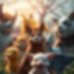 A vibrant illustration of various animal characters in a fantasy RPG setting