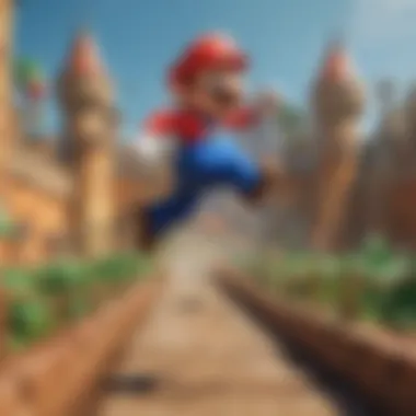 Mario jumping over obstacles in a vibrant, whimsical world