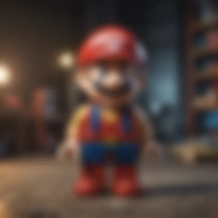 Close-up of a LEGO Mario figure with interactive features and accessories