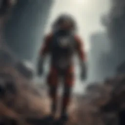 Astronaut navigating challenging terrain