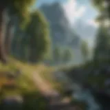A vibrant landscape from an adventure game featuring lush forests and towering mountains.