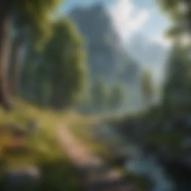 Stunning Adventure Game Landscapes A vibrant landscape from an adventure game featuring lush forests and towering mountains.