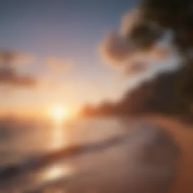 A serene moment from an adventure game with a beautiful sunset over a tranquil sea.