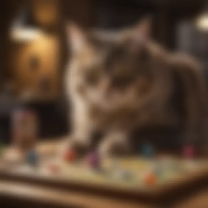 An owner and cat engaging in a fun board game designed for pet interaction.