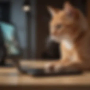 A cat engrossed in a digital game on a tablet, showcasing playful interaction.