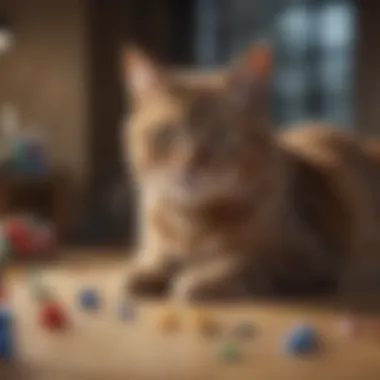 A serene atmosphere with a cat lounging beside a set of physical puzzle toys.