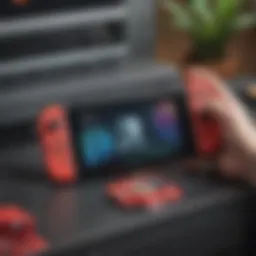 Close-up of a microSD card with a Nintendo Switch console in the background
