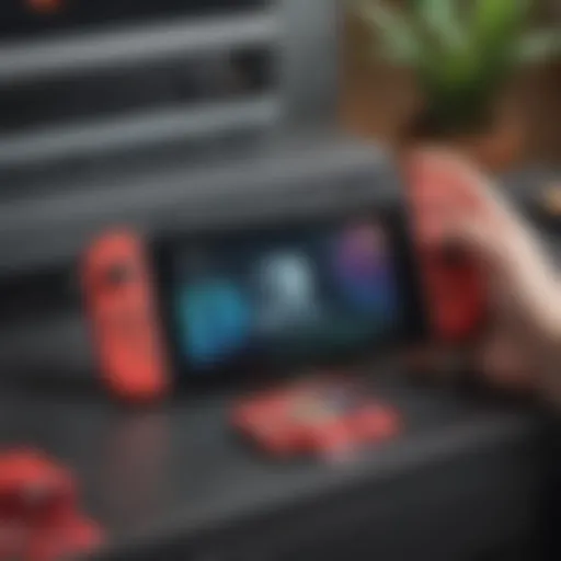 Close-up of a microSD card with a Nintendo Switch console in the background
