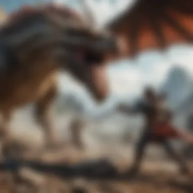 Adventurers facing off against a colossal dragon in a dramatic showdown