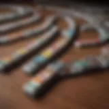 A colorful collection of Mexican Train dominoes arranged on a table