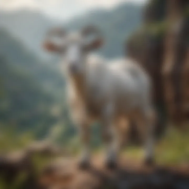 An artist's rendering of the Minecraft goat in a whimsical landscape, highlighting its connection to the gaming world.