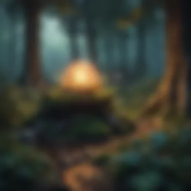 A mystical forest setting with magical creatures and glowing orbs