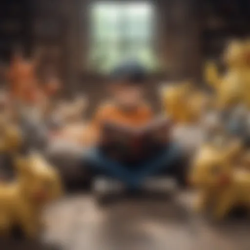 A captivating illustration of a child reading a Pokémon book, surrounded by Pokémon characters.