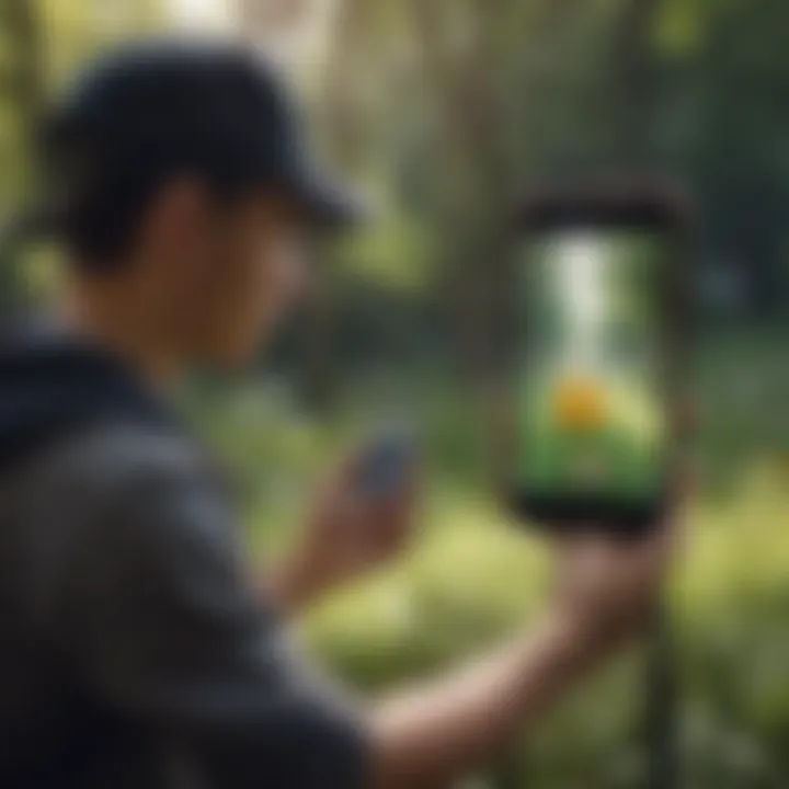 User interacting with Pokemon Go Plus Pro while playing in an outdoor setting