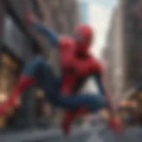 Spiderman swinging through the city