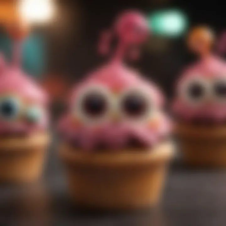 A close-up of Splatoon cupcake toppers showcasing intricate designs and details