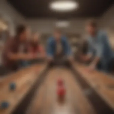 Group of friends engaged in a lively game of tabletop skee ball, highlighting its social aspect.