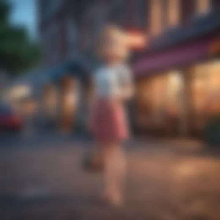 A vibrant fashion scene featuring an Animal Crossing purse in a street setting
