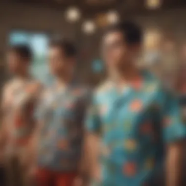 Group of gamers wearing Animal Crossing Hawaiian shirts at an event