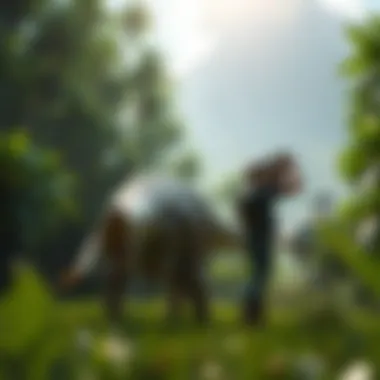 Engaging with Dinosaurs A player character engaging with a dinosaur in the lush environment of Ark.