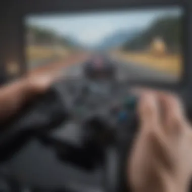 Close-up of a gaming controller with racing game on the screen