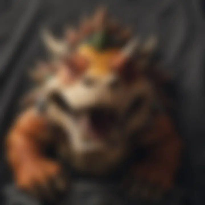 Close-up of intricate details on a Bowser-themed graphic tee