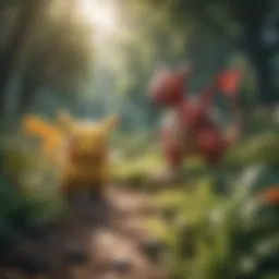A vibrant scene depicting a Pokémon battle in a lush landscape.