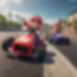 Dynamic racing action showcasing characters in Mario Kart: Double Dash