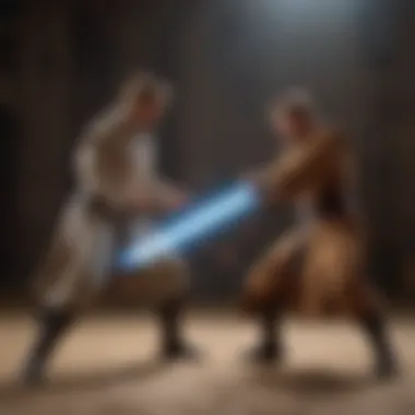 Obi-Wan Kenobi engaging in a lightsaber duel