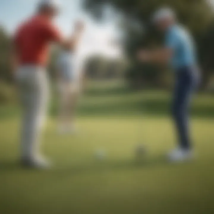 Friends celebrating a successful putt on the golf course