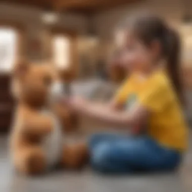 An enthusiastic child interacting with a Mew plush at Build-A-Bear.