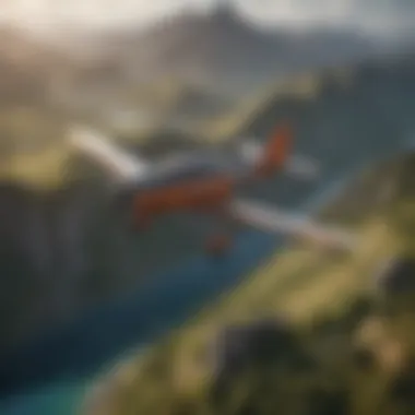 Aerial view of a plane flying over a stunning landscape in a flight simulation game.