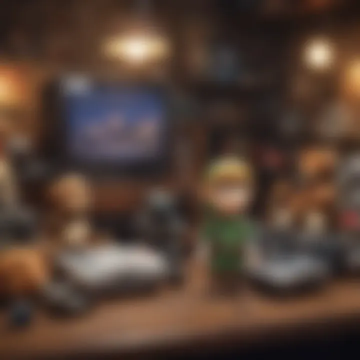 A nostalgic scene featuring Link plush toys displayed alongside vintage gaming memorabilia.
