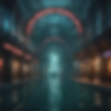 A surreal underwater cityscape with glowing neon lights and intricate architecture