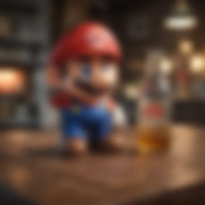 A nostalgic collection of Mario merchandise including drinks and collectibles.