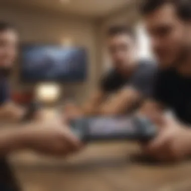 A lively group of friends enjoying a gaming session together with the Nintendo Switch.