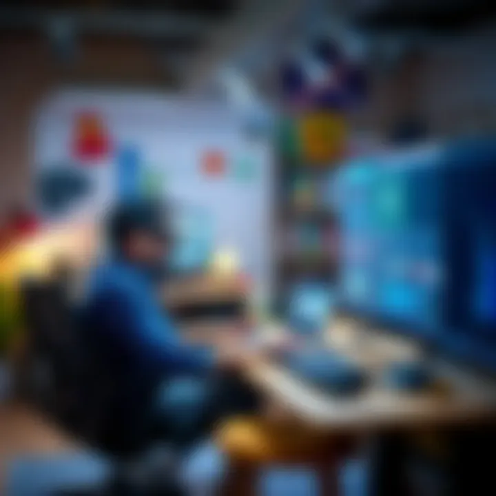 A creative workspace where individuals engage with Toy-Con VR, emphasizing creativity and innovation.