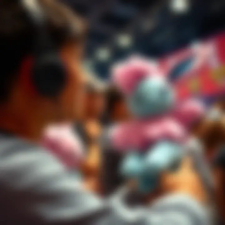 A fan interacting with Skwovet plush at a Pokémon event