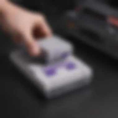 SNES Flashcart in Action Close-up of a SNES flashcart inserted into a console
